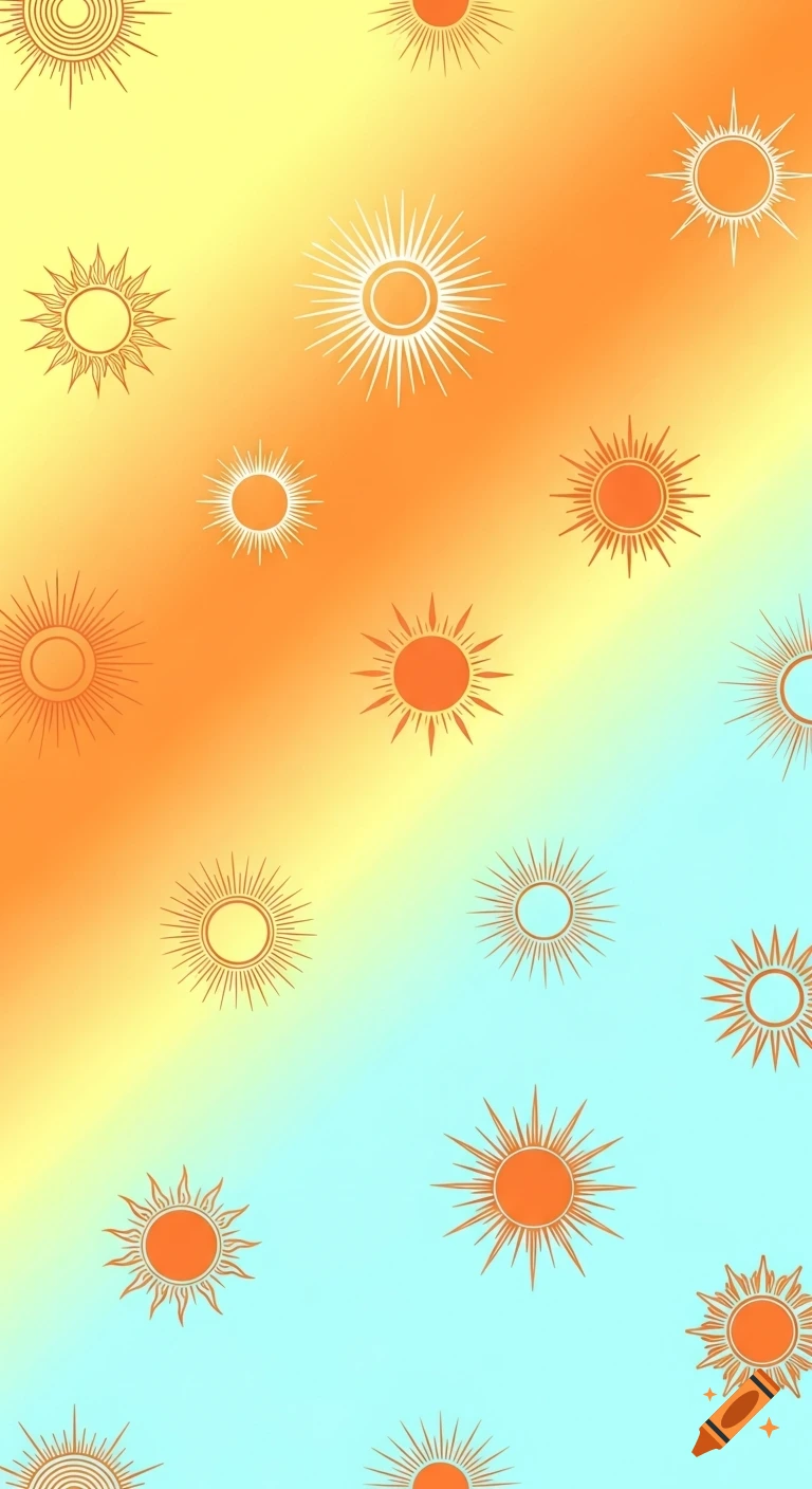 Stylized suns scattered across a diagonal yellow, orange, and blue gradient background.
