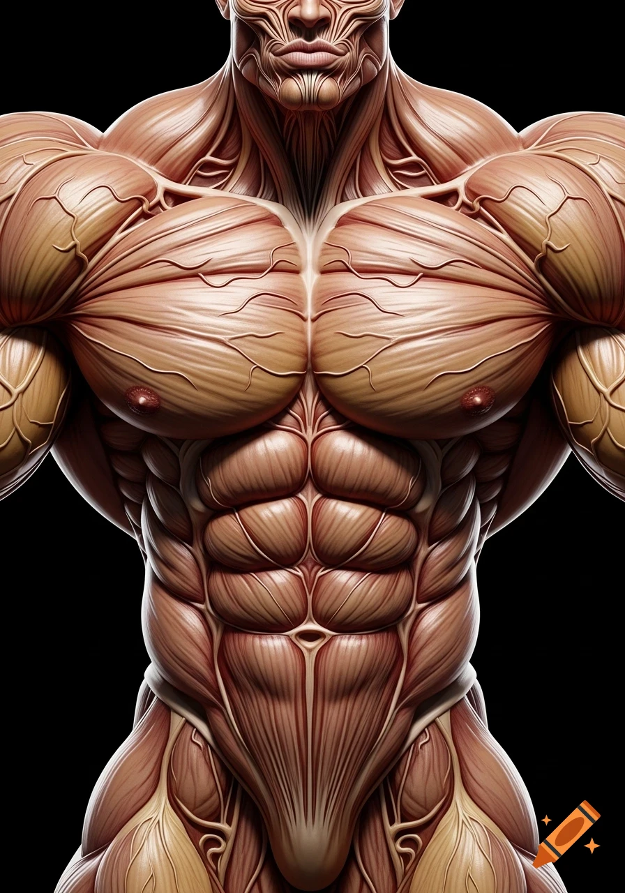 Highly detailed anatomical illustration of a male torso, emphasizing extremely exaggerated and artificial muscles and veins.