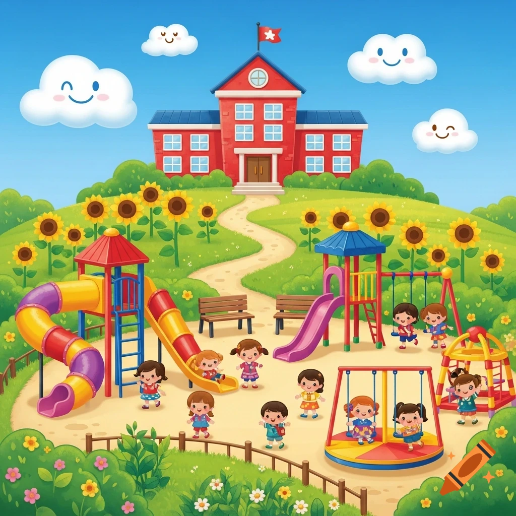 A cheerful cartoon illustration of a school and playground with children, sunflowers, and smiling clouds.