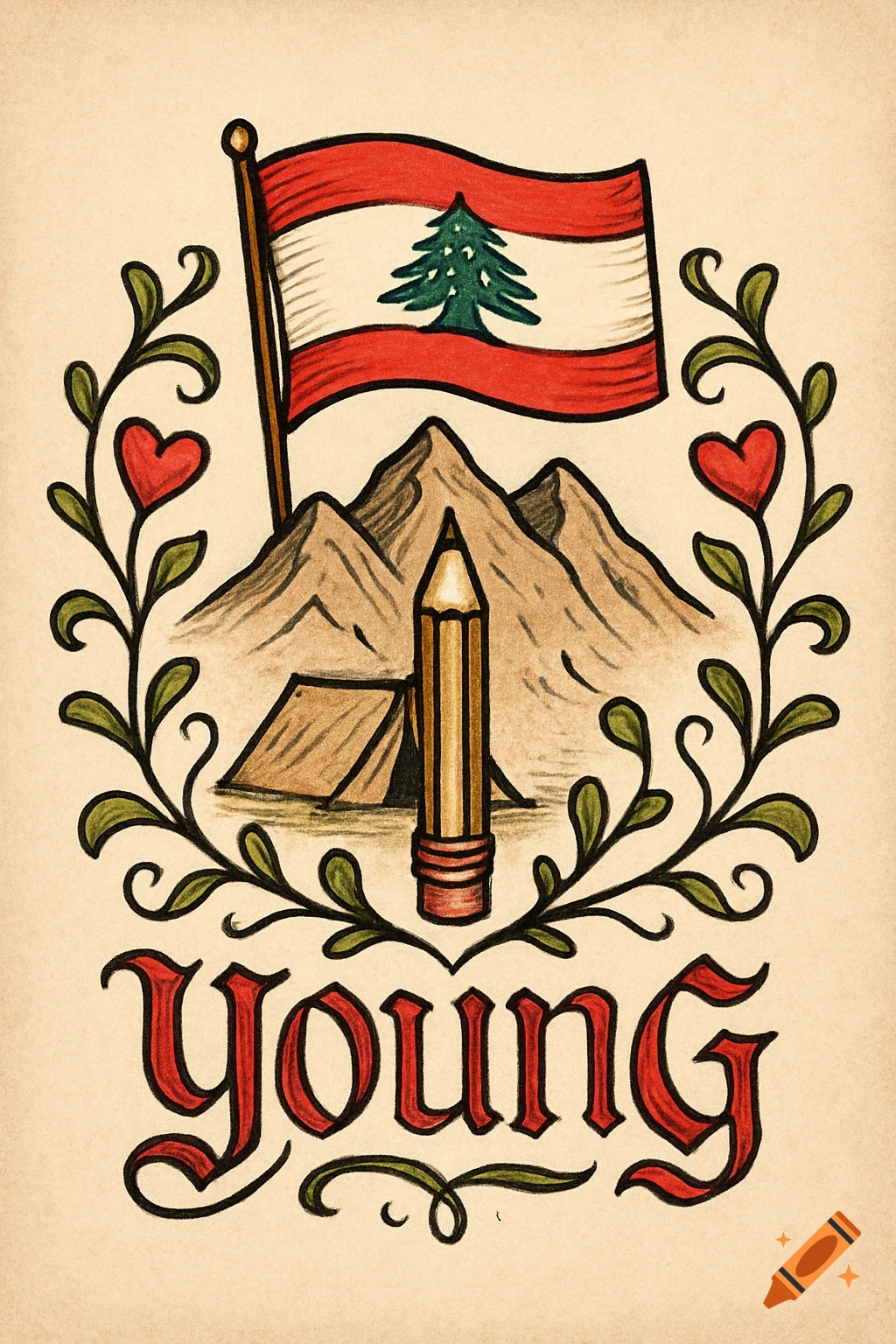 An illustrated crest featuring the Lebanese flag, mountains, a tent, a pencil, hearts, and the stylized word "YOUNG" at the bottom.