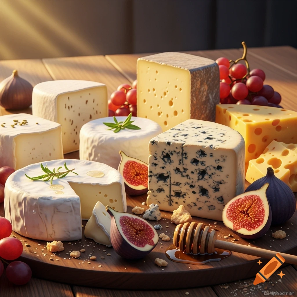 A photorealistic close-up of a cheese board with various cheeses, figs, red grapes, and a honey dipper.