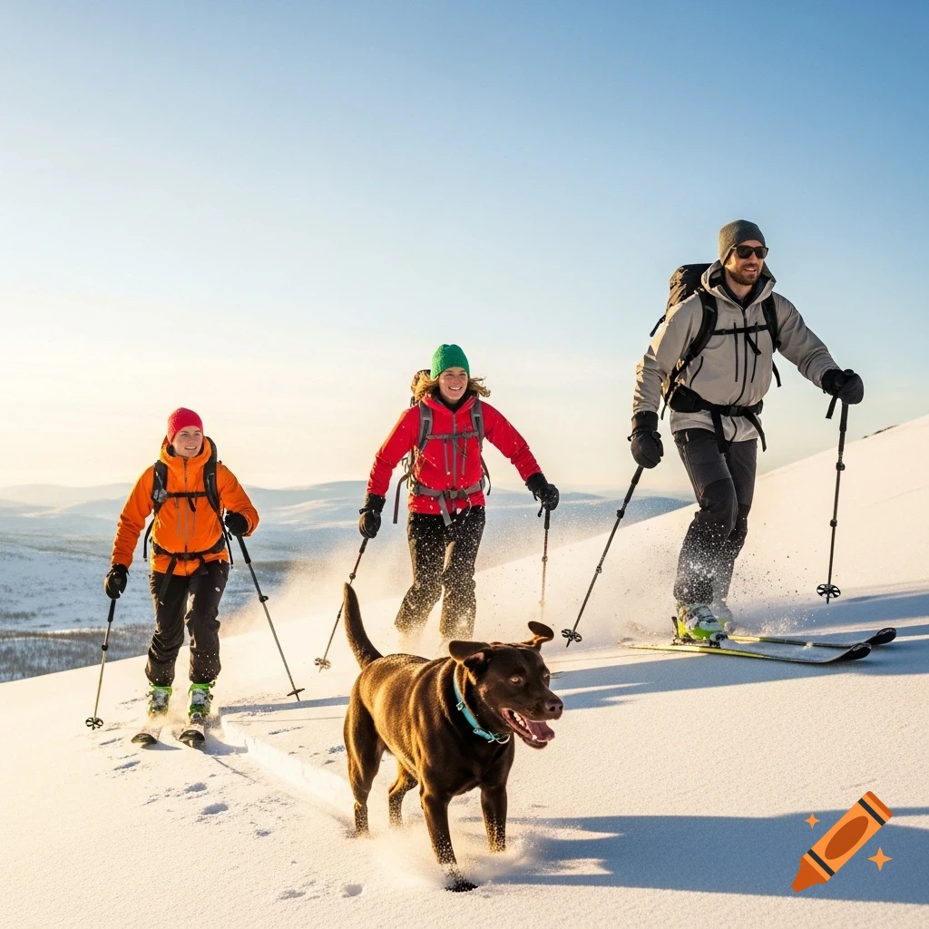 Three people and a brown Labrador ski touring uphill in deep snow on a sunny day in Scandinavian mountains. A realistic photograph.