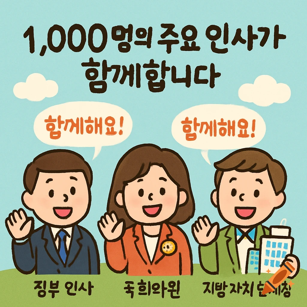 Three smiling Korean cartoon officials, two men and one woman, wave with Korean text. The text reads "1,000 major figures join us" and "Let's join!" in speech bubbles. The background is a blue sky with clouds and green ground.