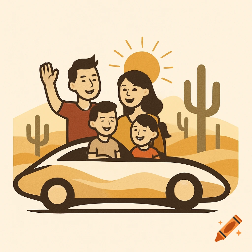 Cartoon illustration of a family of four in a car on a road trip, with a sunny desert and cacti in the background.