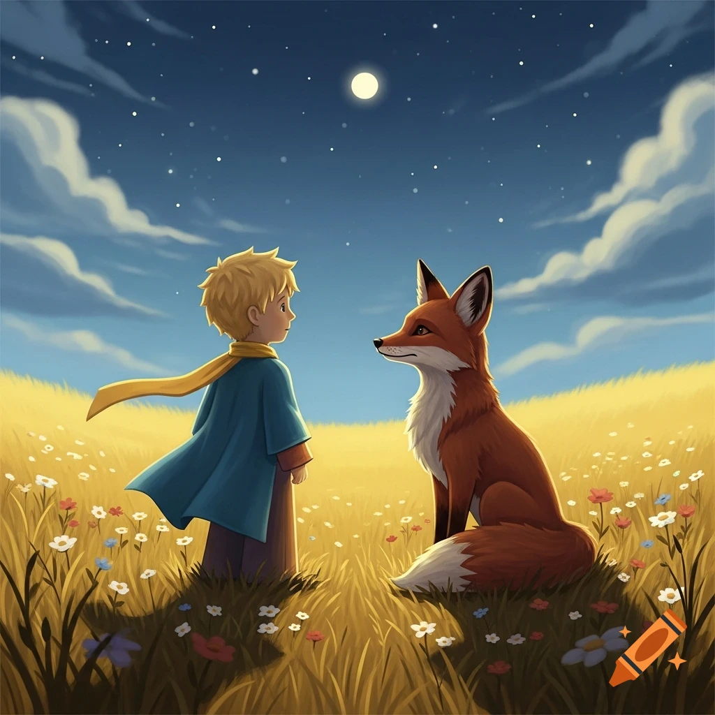 A cartoon boy with a yellow scarf looks at a fox in a moonlit field with wildflowers under a starry sky.