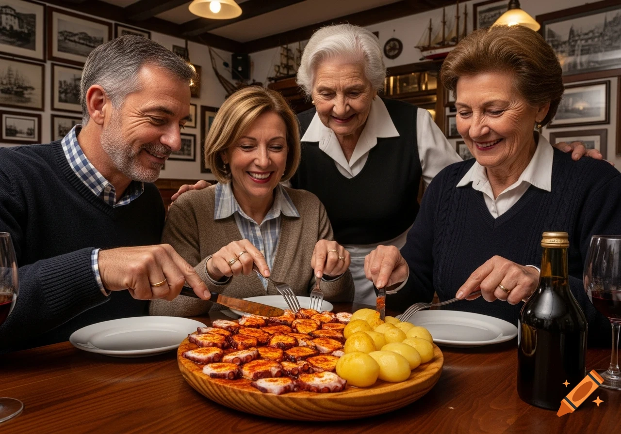 A smiling family and a waitress gathered around a table eating traditional Galician octopus and potatoes in a rustic restaurant.