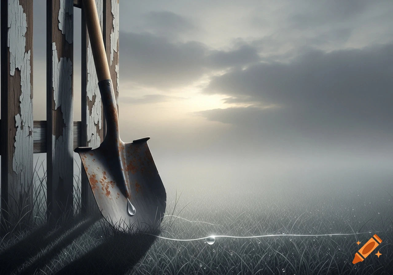 A rusty shovel with a water droplet leans against a weathered fence in a misty, overcast field with dew-covered grass.