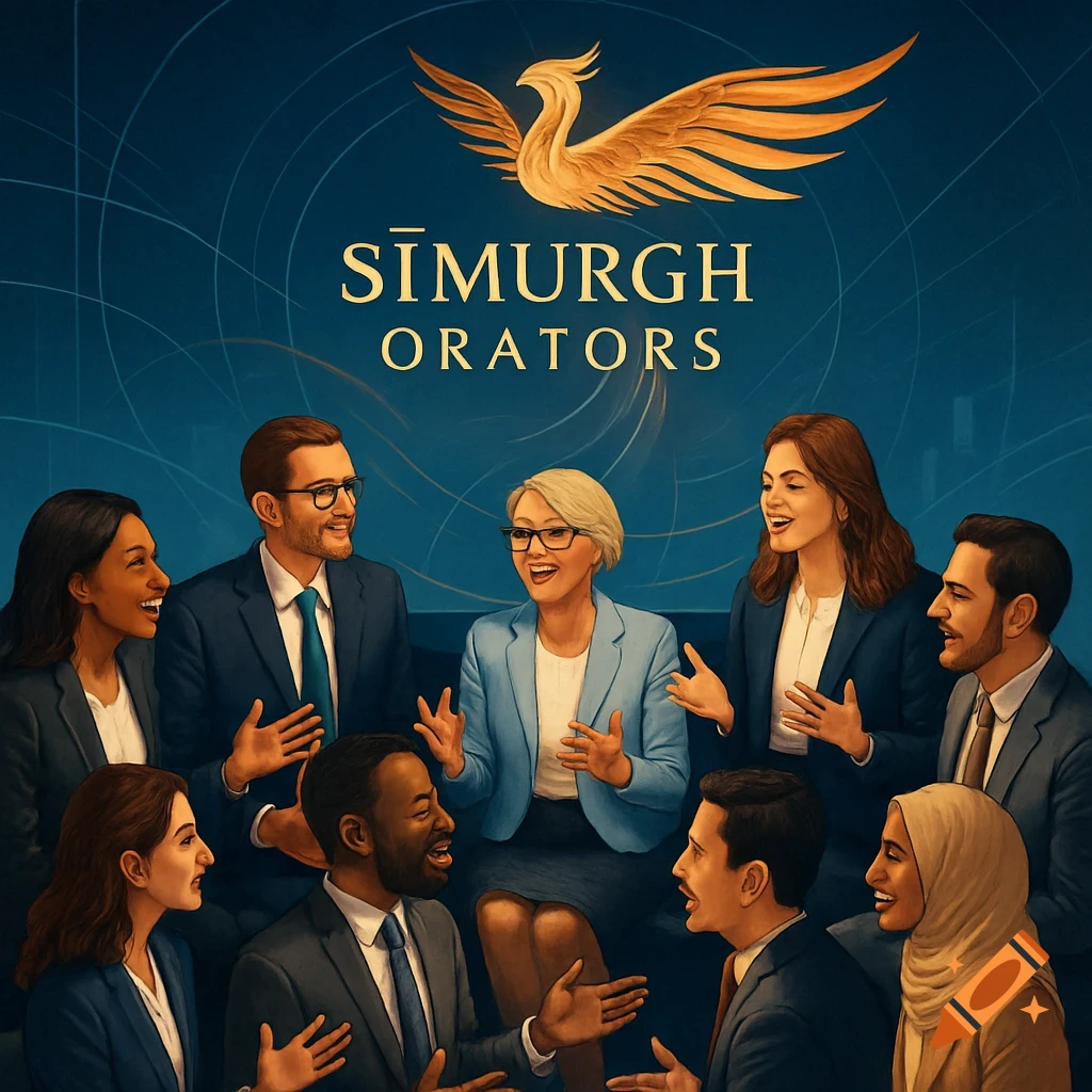A diverse group of eight professionals in business attire gathered, some speaking, below a golden phoenix logo and 'SĪMURGH ORATORS' text. Digital painting style.