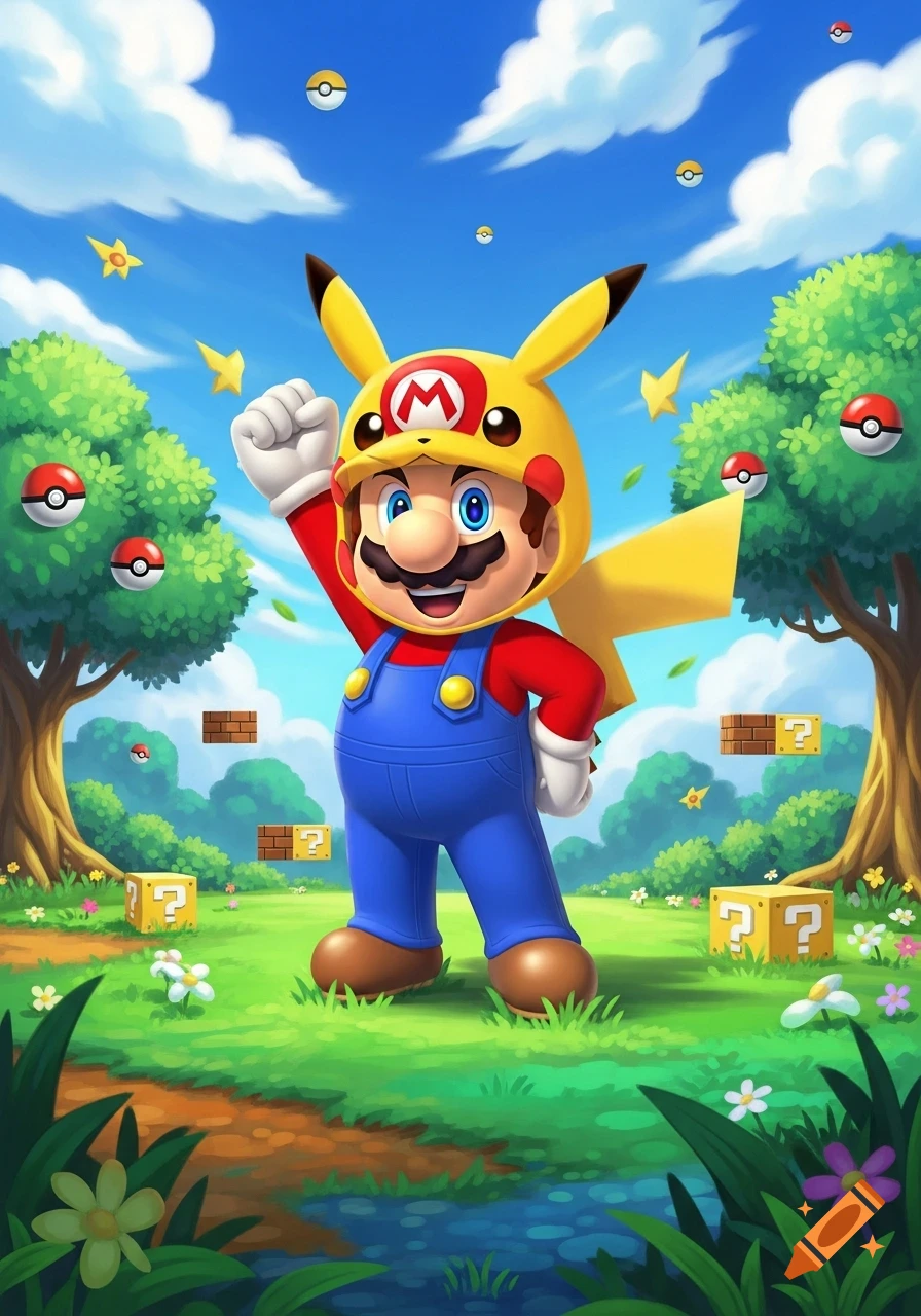 Mario in a Pikachu costume poses heroically in a vibrant cartoon landscape with Pokeballs, question blocks, and stars.