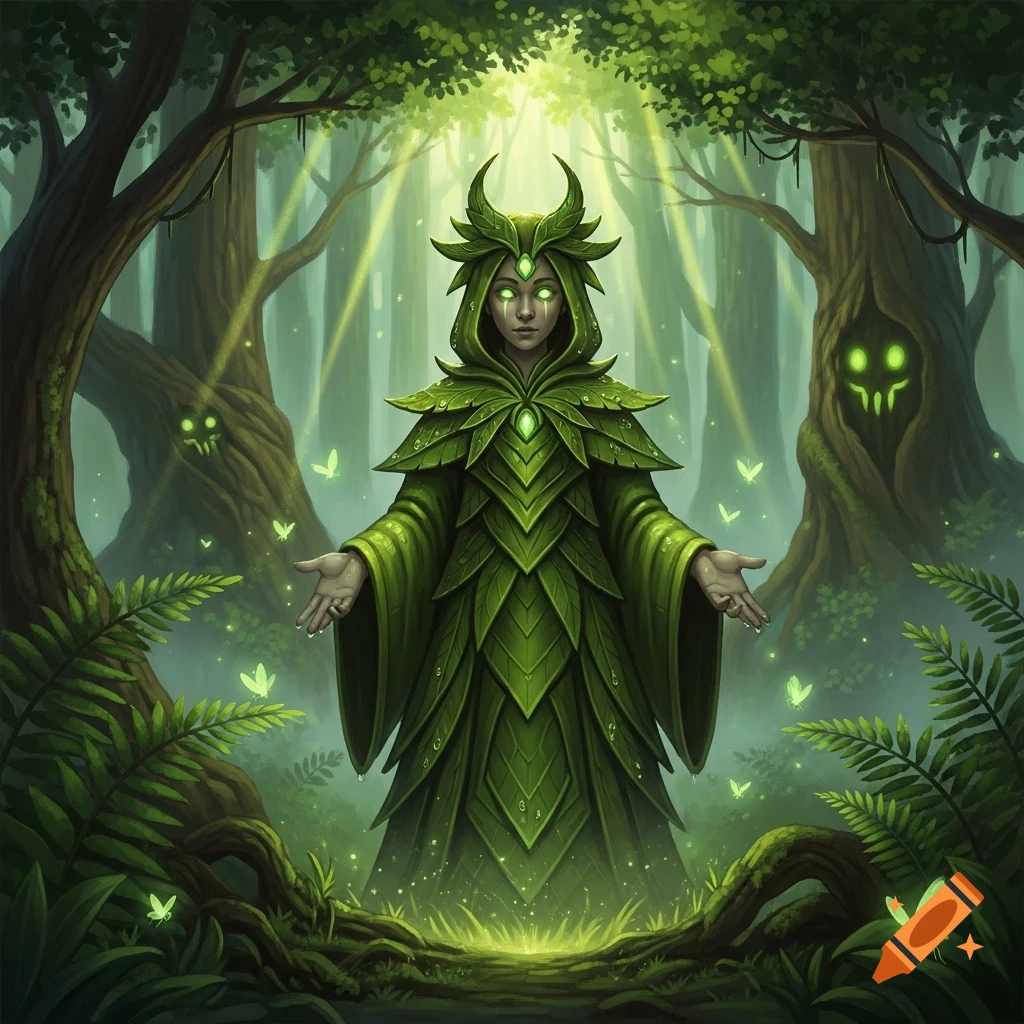 A mystical figure in a green leaf costume with glowing eyes and horns stands in a luminous forest with glowing tree faces and butterflies. Stylized digital art.