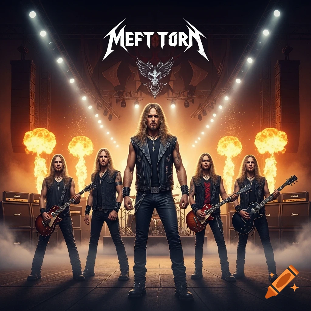 A heavy metal band with long blonde hair on a stage, with pyro explosions behind them and a logo 'MEFT TORN' above.