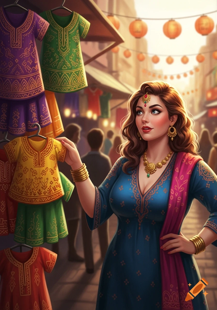 A woman in a blue traditional Indian dress examines colorful garments hanging in a vibrant market decorated with lanterns.