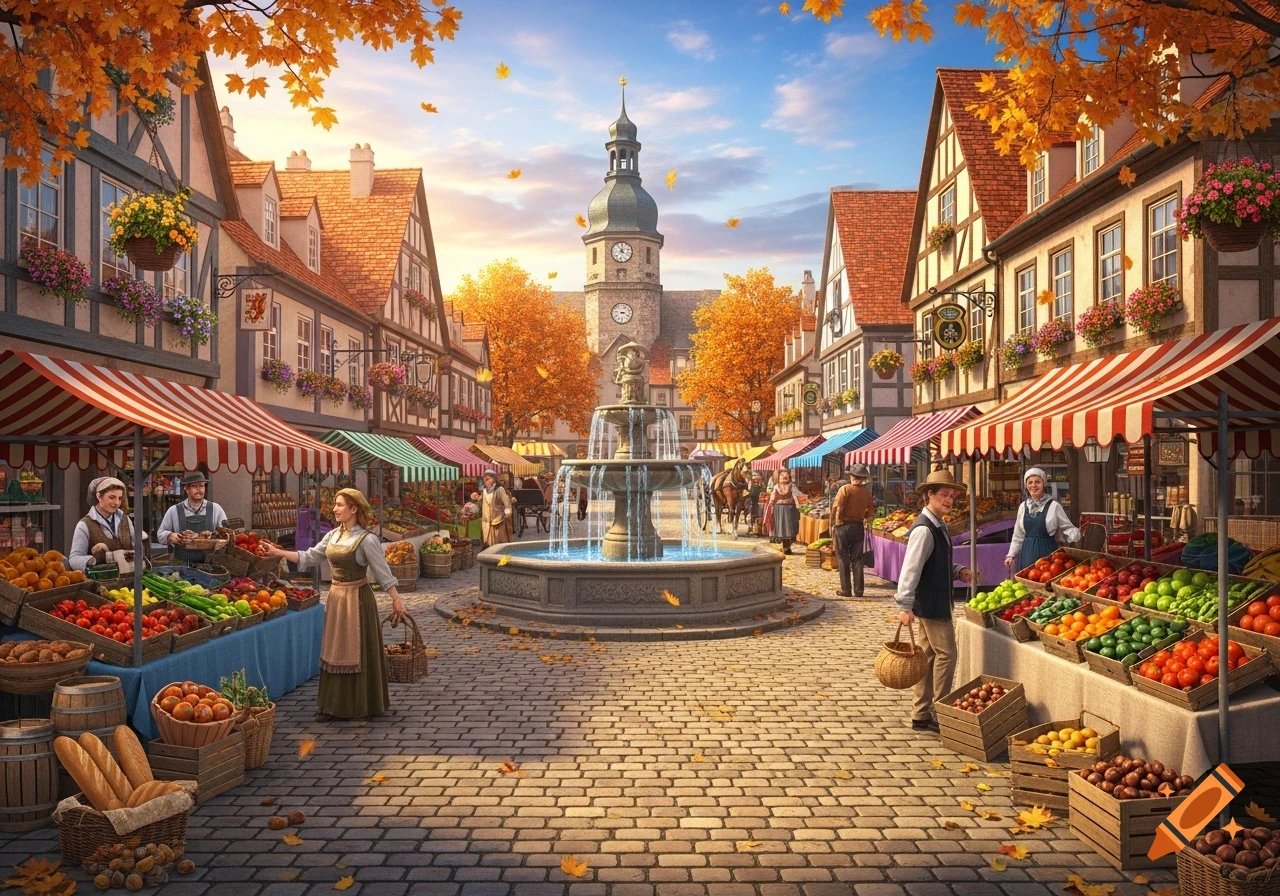 A vibrant autumn market scene in a charming European-style town square, featuring a central fountain, bustling stalls with produce, and people in period attire under a bright sky.