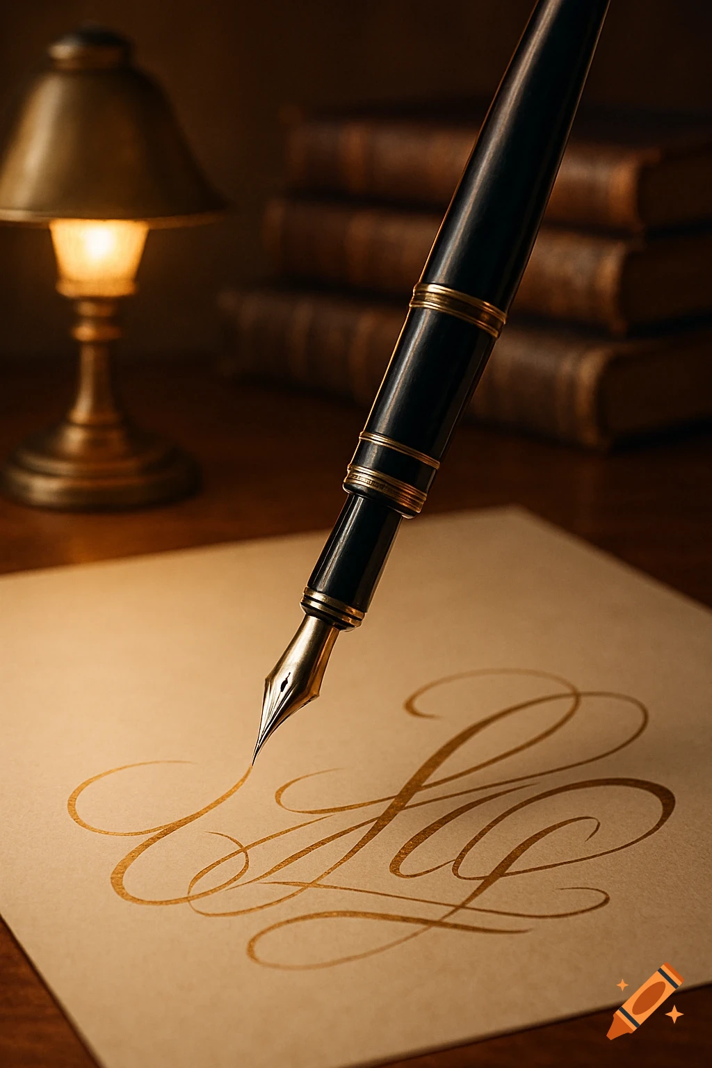 A close-up of a black and gold fountain pen writing elegant, golden calligraphy on a piece of paper, illuminated by a warm desk lamp with blurred books in the background.