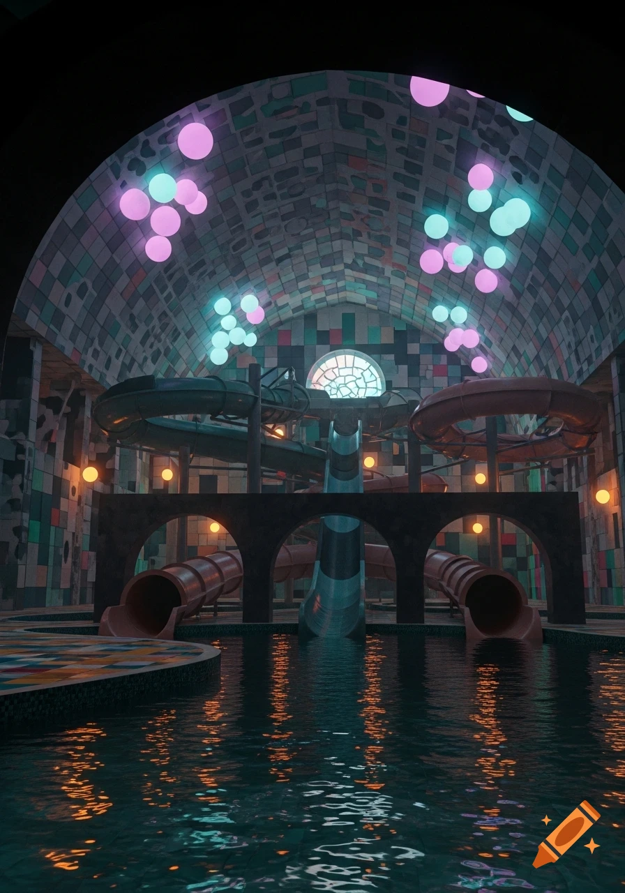 A dim, atmospheric indoor water park with water slides leading into a pool, illuminated by glowing pink and cyan orb lights and warm wall lights.