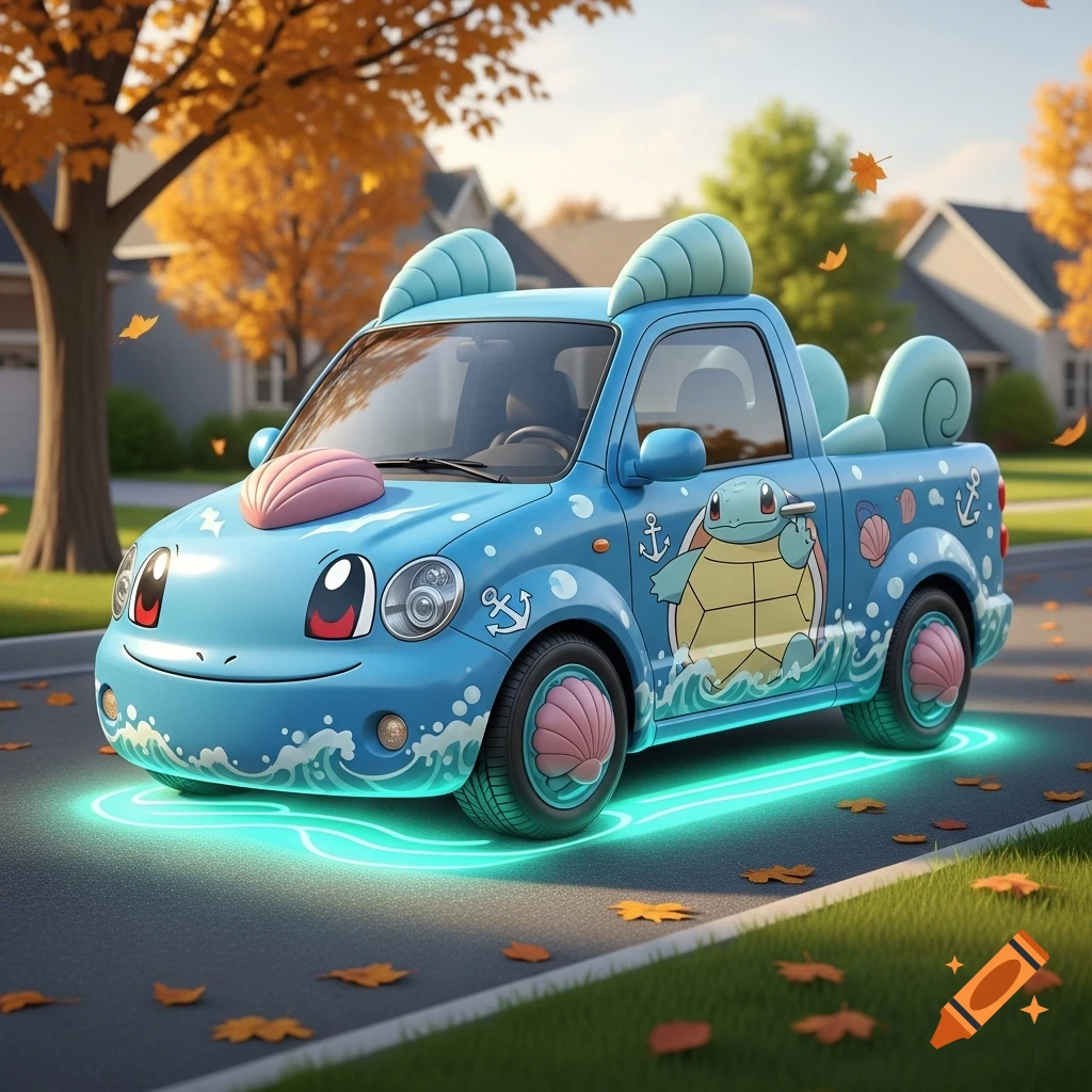 A cartoonish light blue truck, stylized with Squirtle's face, shells, and a large character on its side, glows on a suburban autumn road.