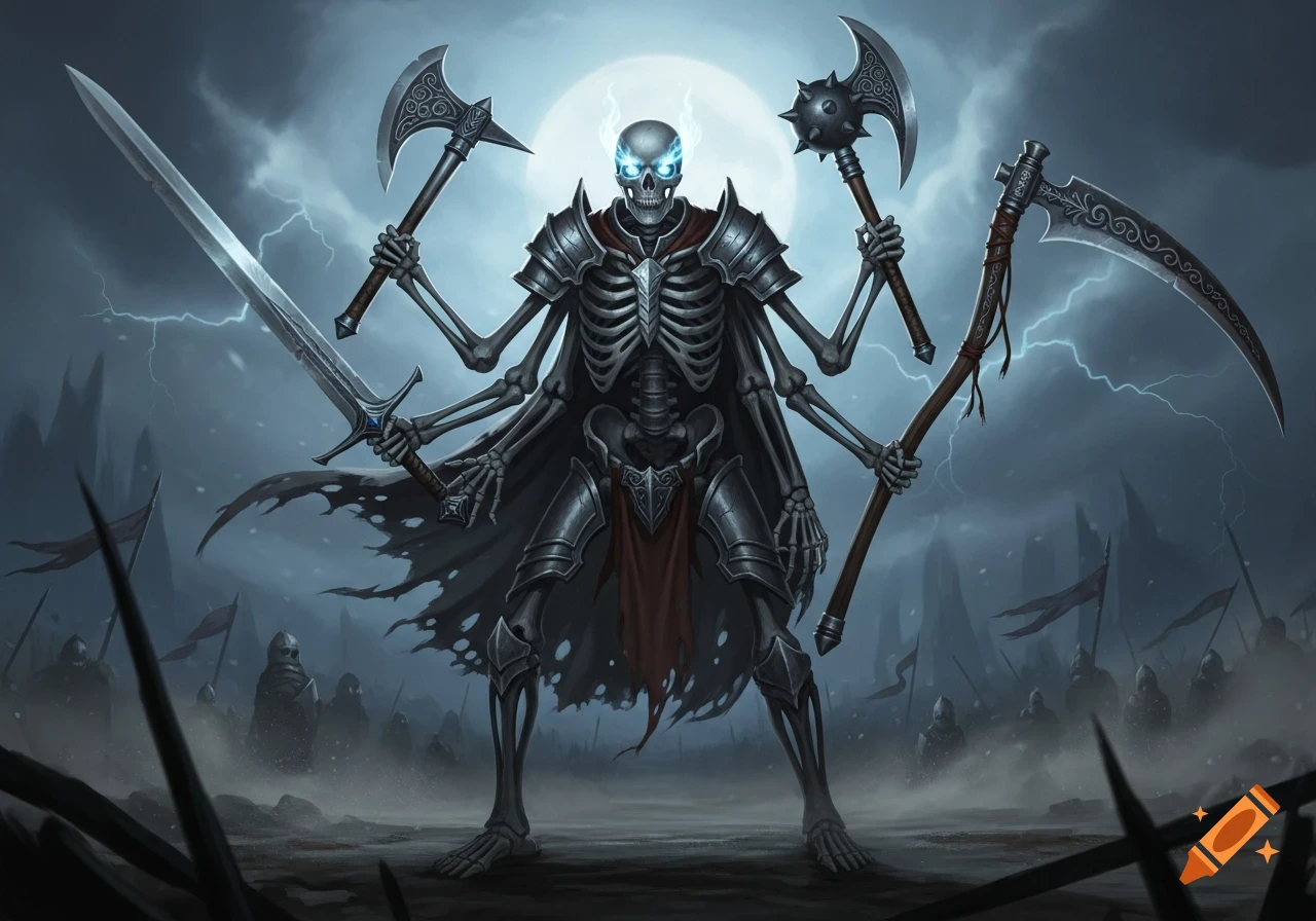 A multi-armed skeletal warrior in armor holds various weapons under a stormy sky with a full moon, digital art.