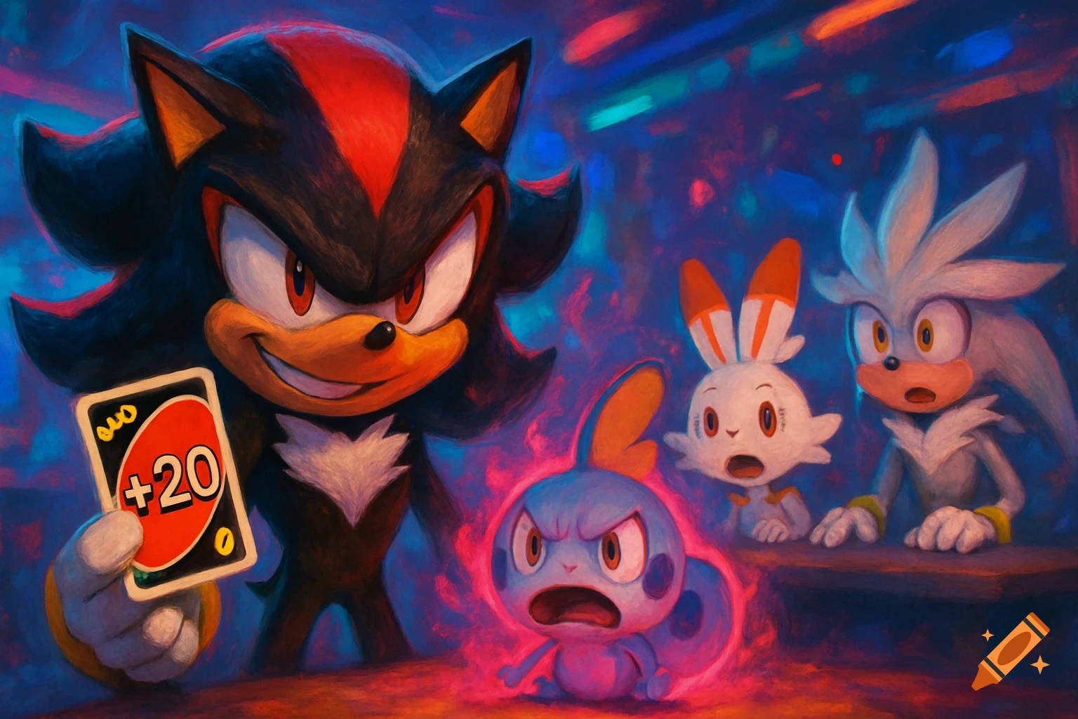 Shadow the Hedgehog smirks holding a +20 UNO card, while an angry Sobble and surprised Scorbunny and Silver the Hedgehog react.
