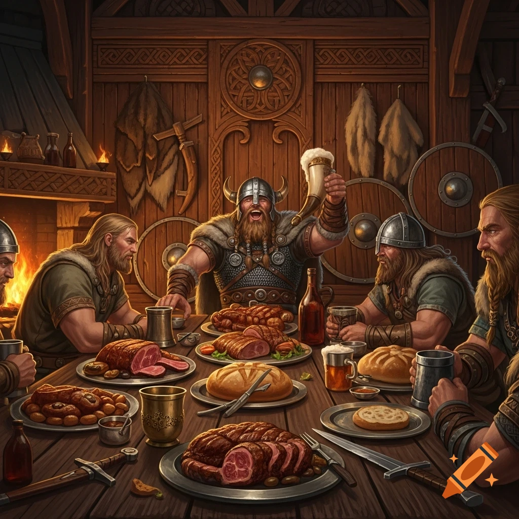 A group of vikings feasting and drinking around a long wooden table laden with food in a rustic, detailed hall.