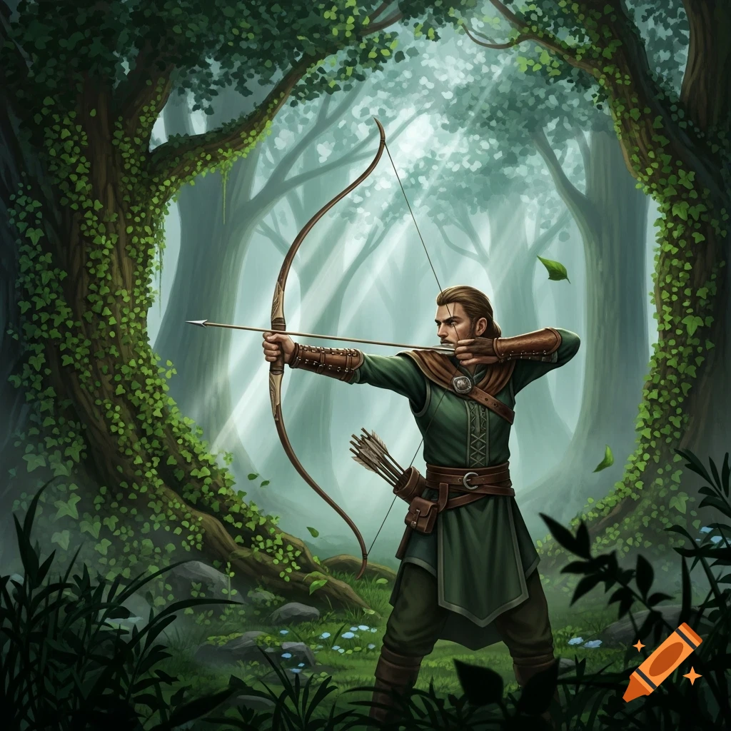 A male archer in green and brown attire with a quiver of arrows aims his bow in a lush, mystical forest clearing.