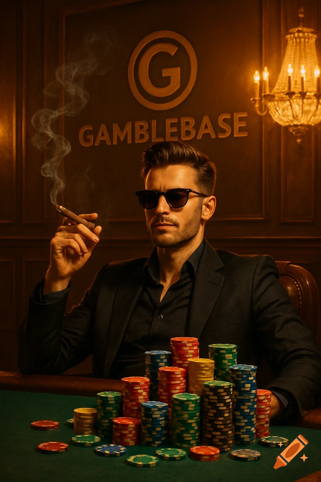 Photorealistic image of a man in sunglasses with a cigar, sitting at a poker table with stacks of chips. A 'Gamblebase' logo is on the wall.
