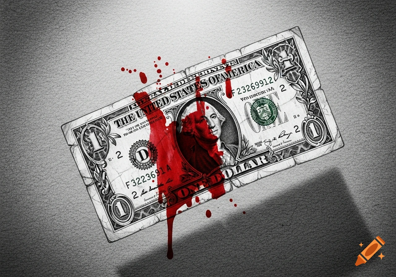 A stylized drawing of a one-dollar bill splattered with red blood, set against a dark grey textured background.