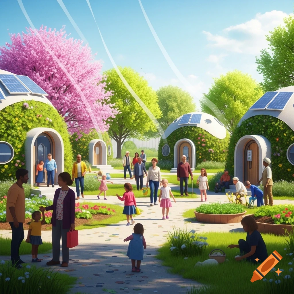 Diverse people of all ages in a vibrant, modern ecological village with plant-covered dome houses, solar panels, and blooming trees.