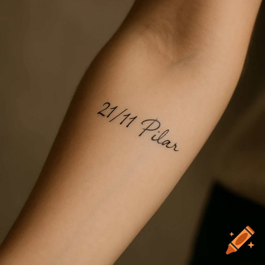 Close-up of a human forearm with a minimalist black ink tattoo reading '21/11 Pilar' in an elegant script.