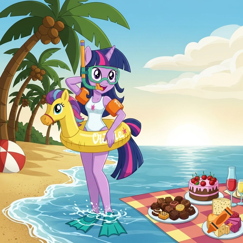 Cartoon Twilight Sparkle in a swimsuit with snorkel, flippers, and a horsie float at a sunny beach with a picnic.