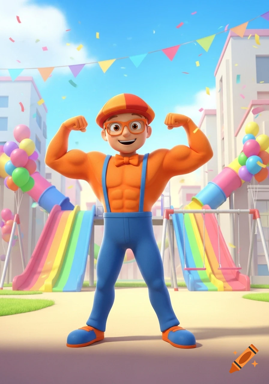 A muscular, cartoon Blippi character flexes his biceps in a vibrant playground under a clear blue sky.