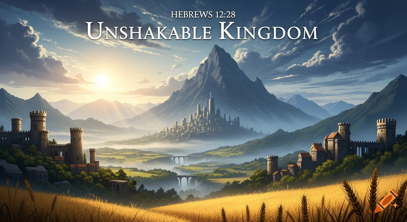 A majestic fantasy landscape at sunrise, with a grand city built into a mountain, castles on hillsides, and golden fields, under a sky with text "HEBREWS 12:28 UNSHAKABLE KINGDOM".