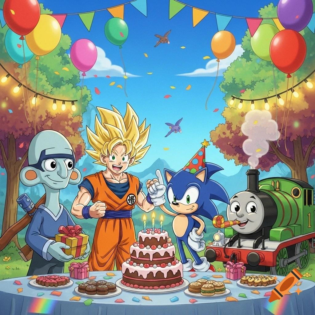 Goku, Sonic, Percy the train, and another cartoon character celebrate a birthday outdoors with a cake, balloons, and presents in a vibrant illustration.