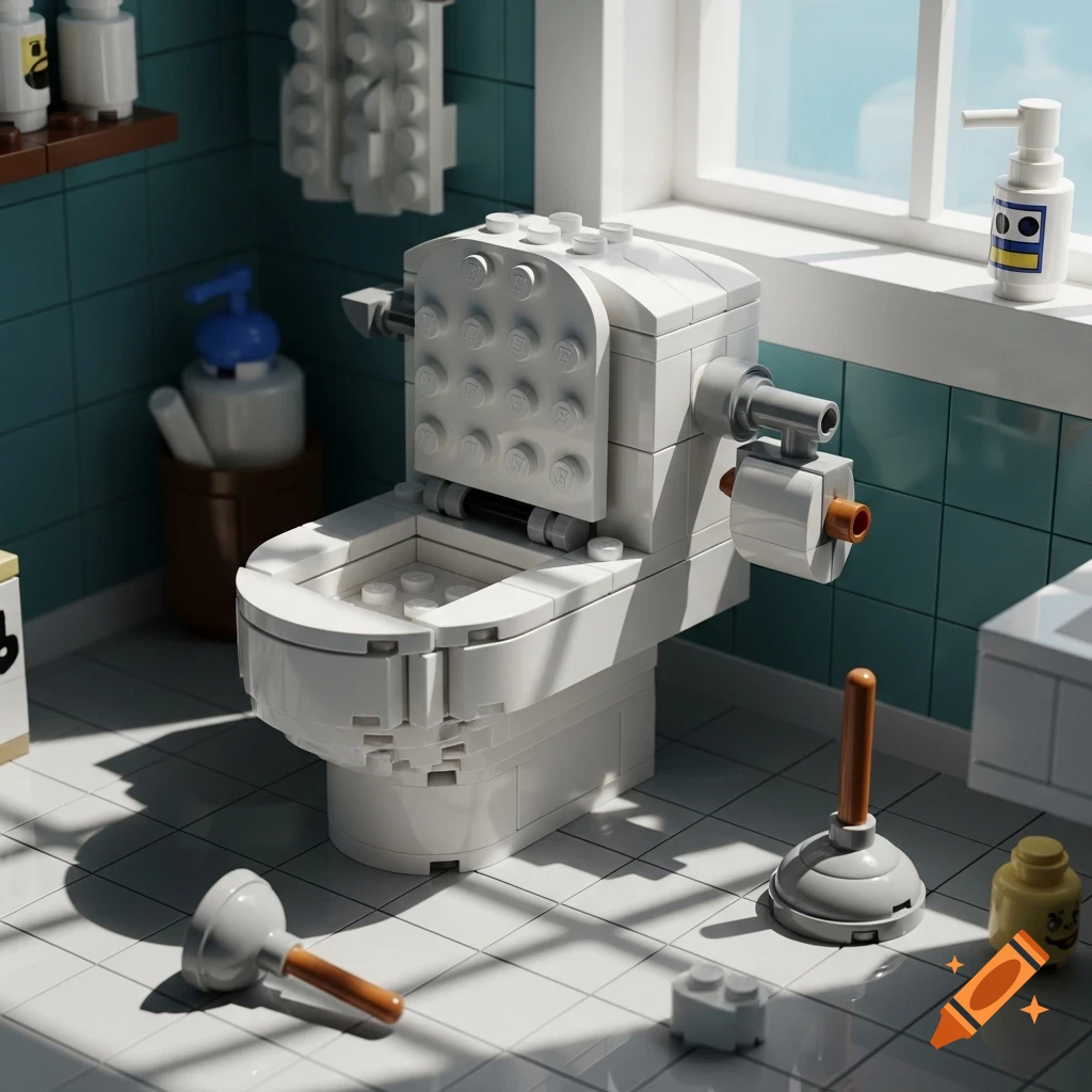 A detailed Lego set depicting a toilet in a bright bathroom, complete with a plunger and soap dispensers.