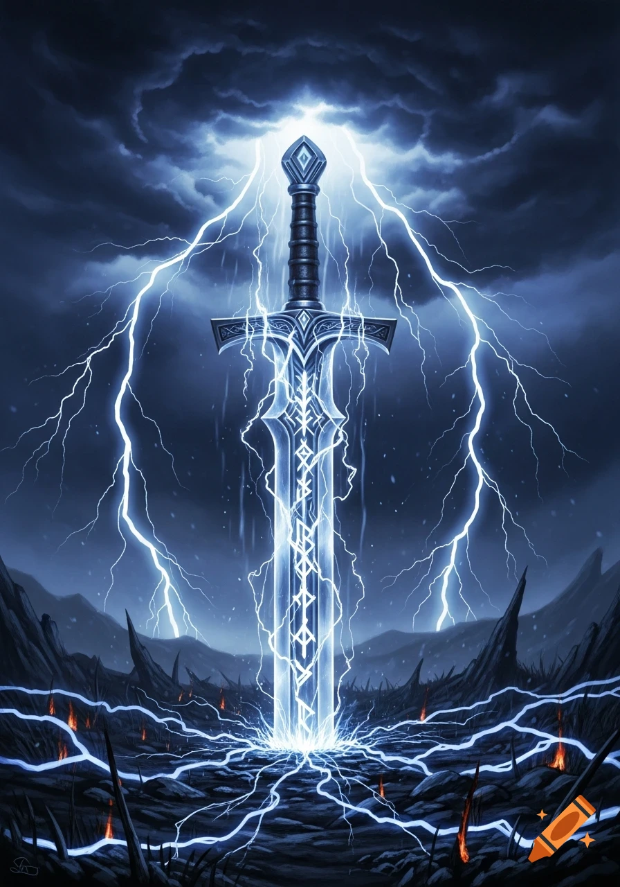 A stylized sword with a glowing blade stands upright, surrounded by bright white lightning bolts against a dark, stormy sky and a rocky, desolate landscape.
