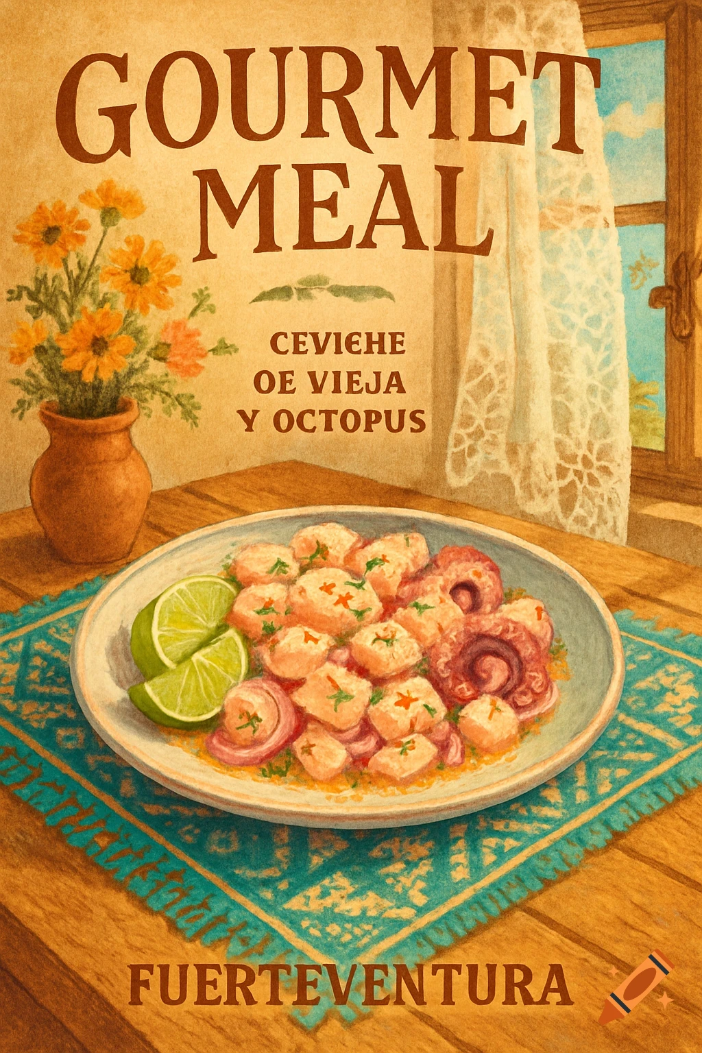 Vintage travel poster advertising "GOURMET MEAL" of ceviche and octopus from Fuerteventura, featuring a dish of seafood and limes on a blue patterned placemat, with flowers in a vase and a window in the background.