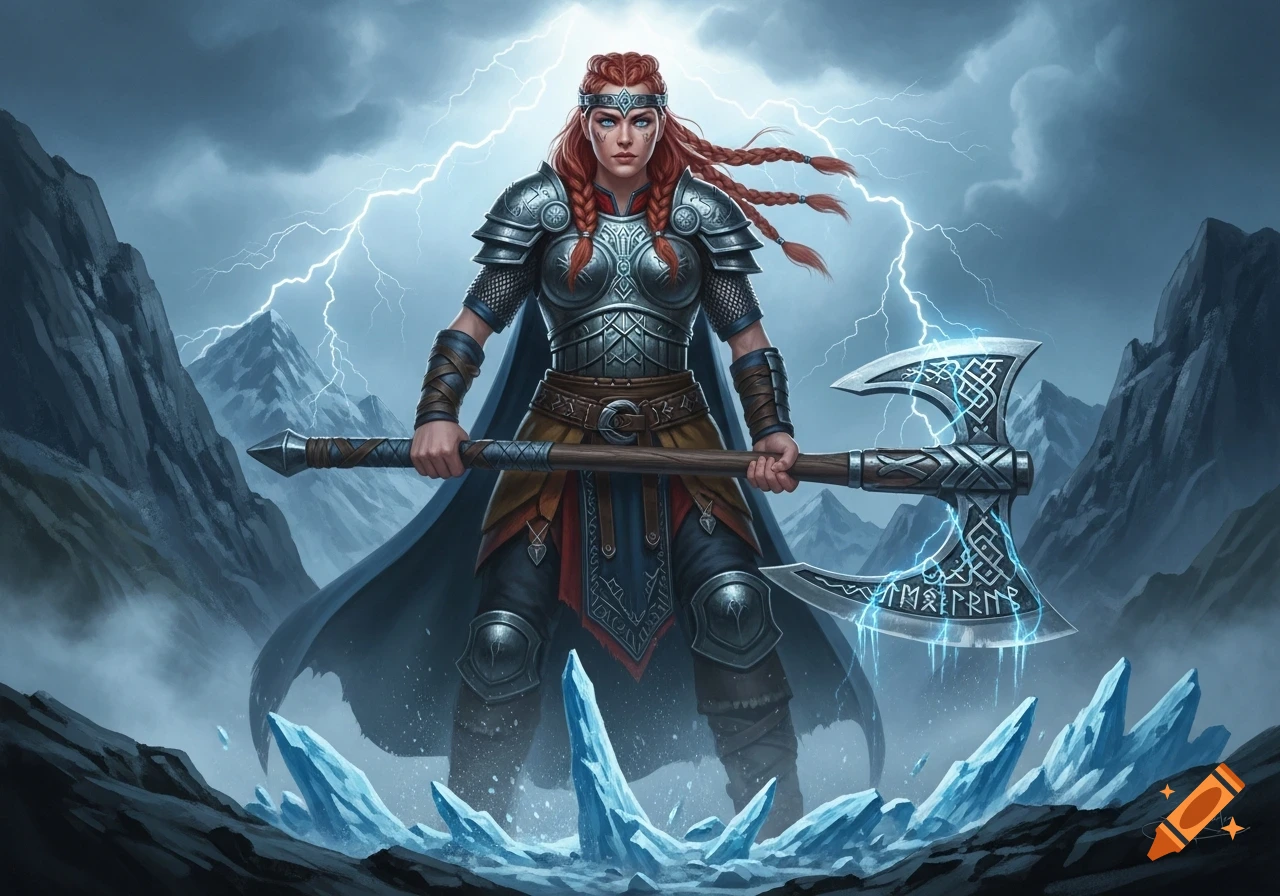 A powerful red-haired Viking female warrior in detailed armor stands with a glowing axe amidst lightning, mountains, and ice.