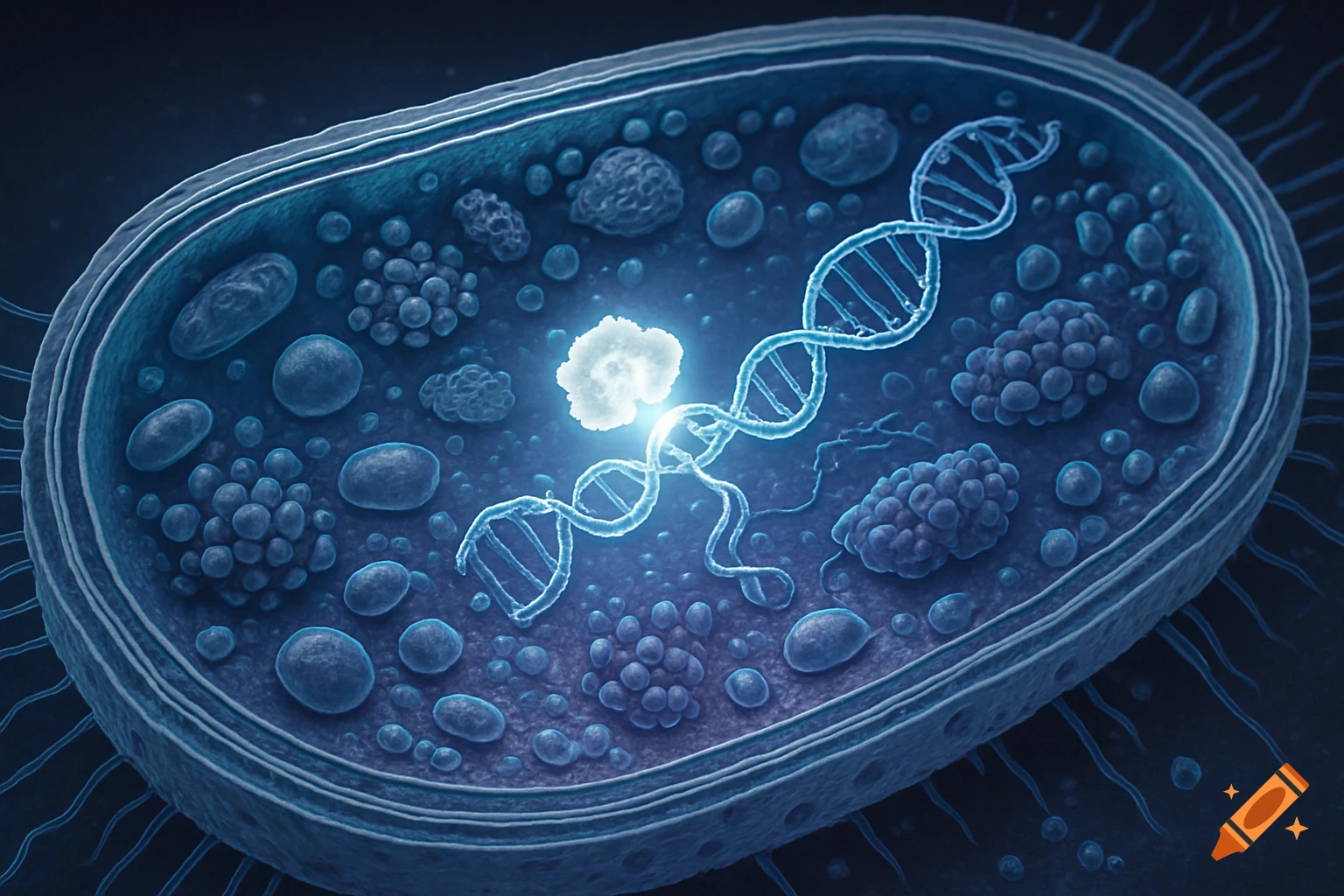A detailed 3D scientific illustration of a bacteria cell with a glowing molecule breaking a DNA double helix strand.
