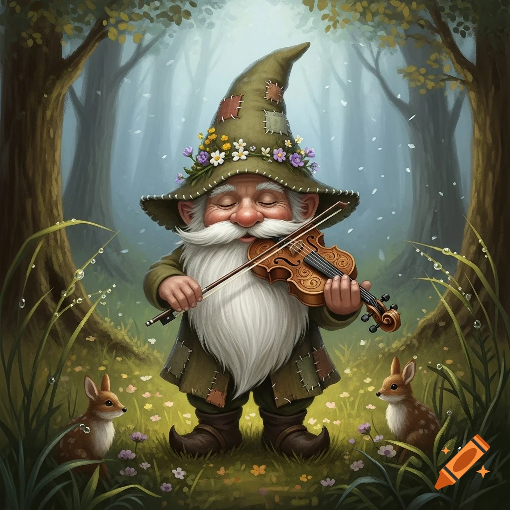 A whimsical illustration shows a bearded gnome in a flowered green hat playing the violin in a misty forest, flanked by two small rabbits.