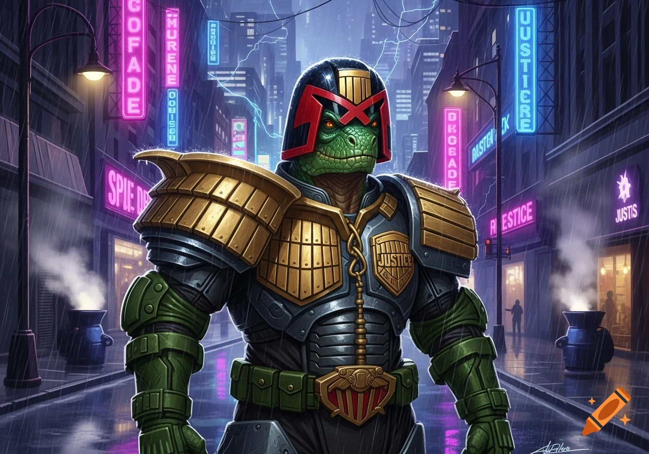 A lizardfolk Judge Dredd stands in a rainy, neon-lit futuristic city street, wearing green and gold armor.