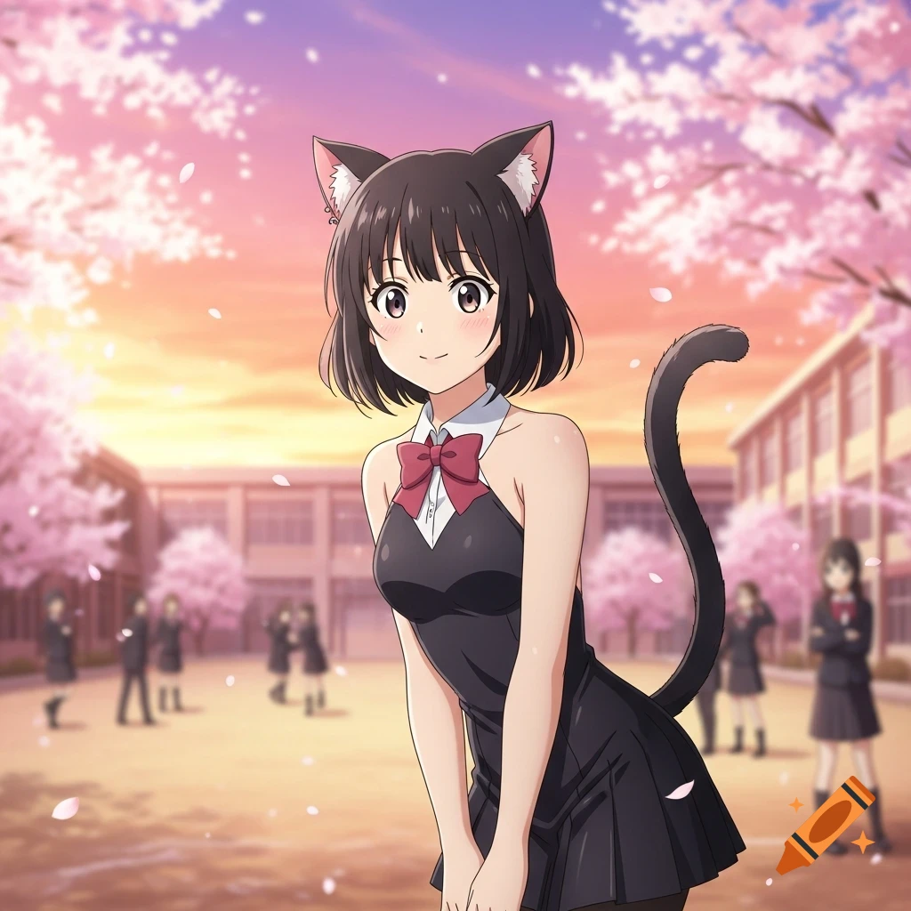 Anime girl with cat ears and tail posing in a school courtyard under falling cherry blossoms.