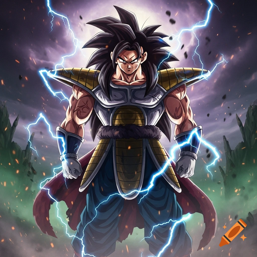 Muscular anime Saiyan with long black hair, in armor, surrounded by blue lightning against a dark, stormy sky.