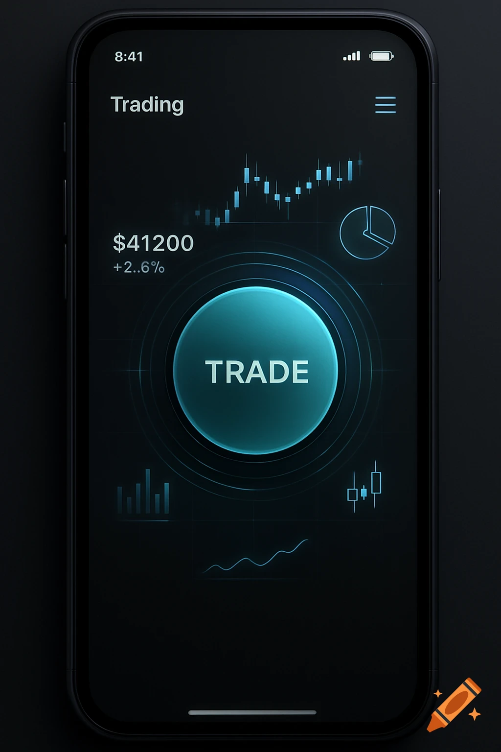 A mobile phone displays a dark-themed trading app interface with charts, current value, and a prominent 'TRADE' button.