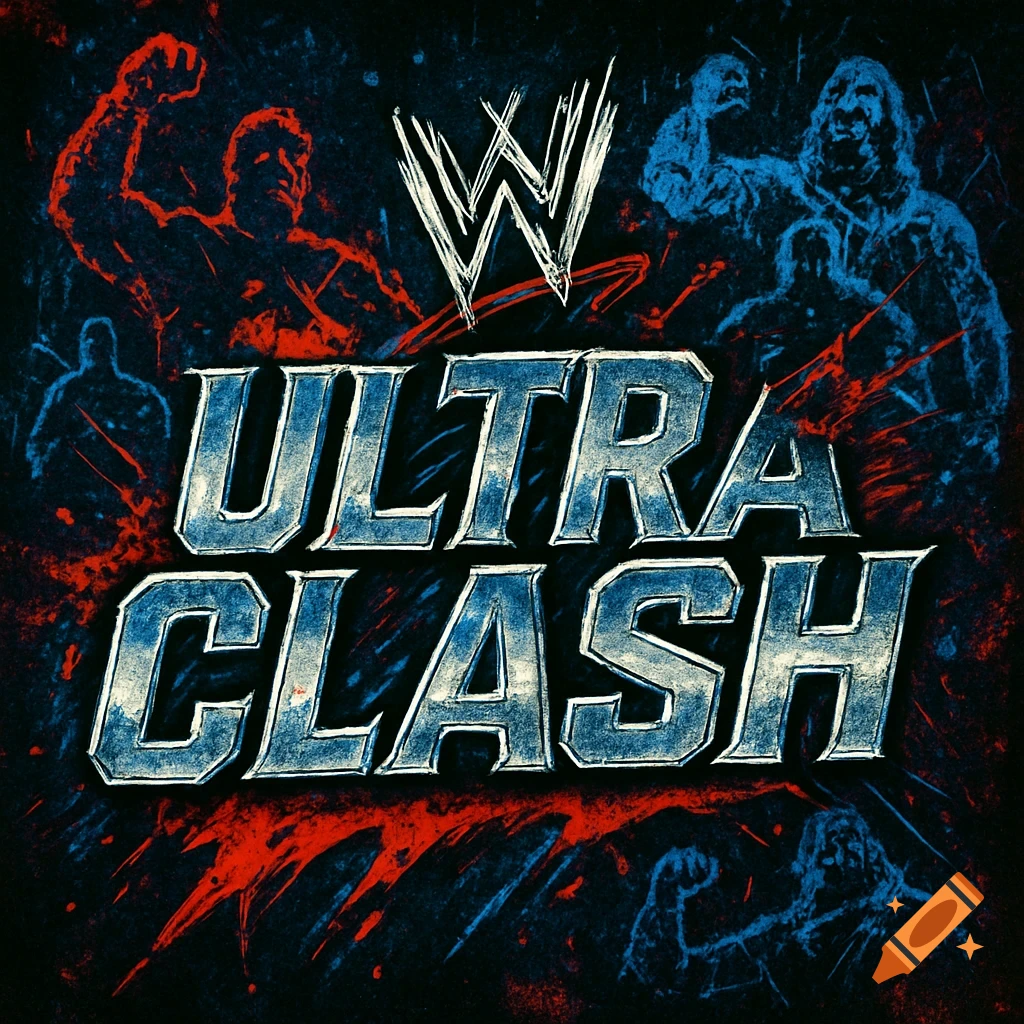 Grunge-style WWE Ultraclash logo with blue and red silhouetted wrestlers, featuring textured metallic letters.