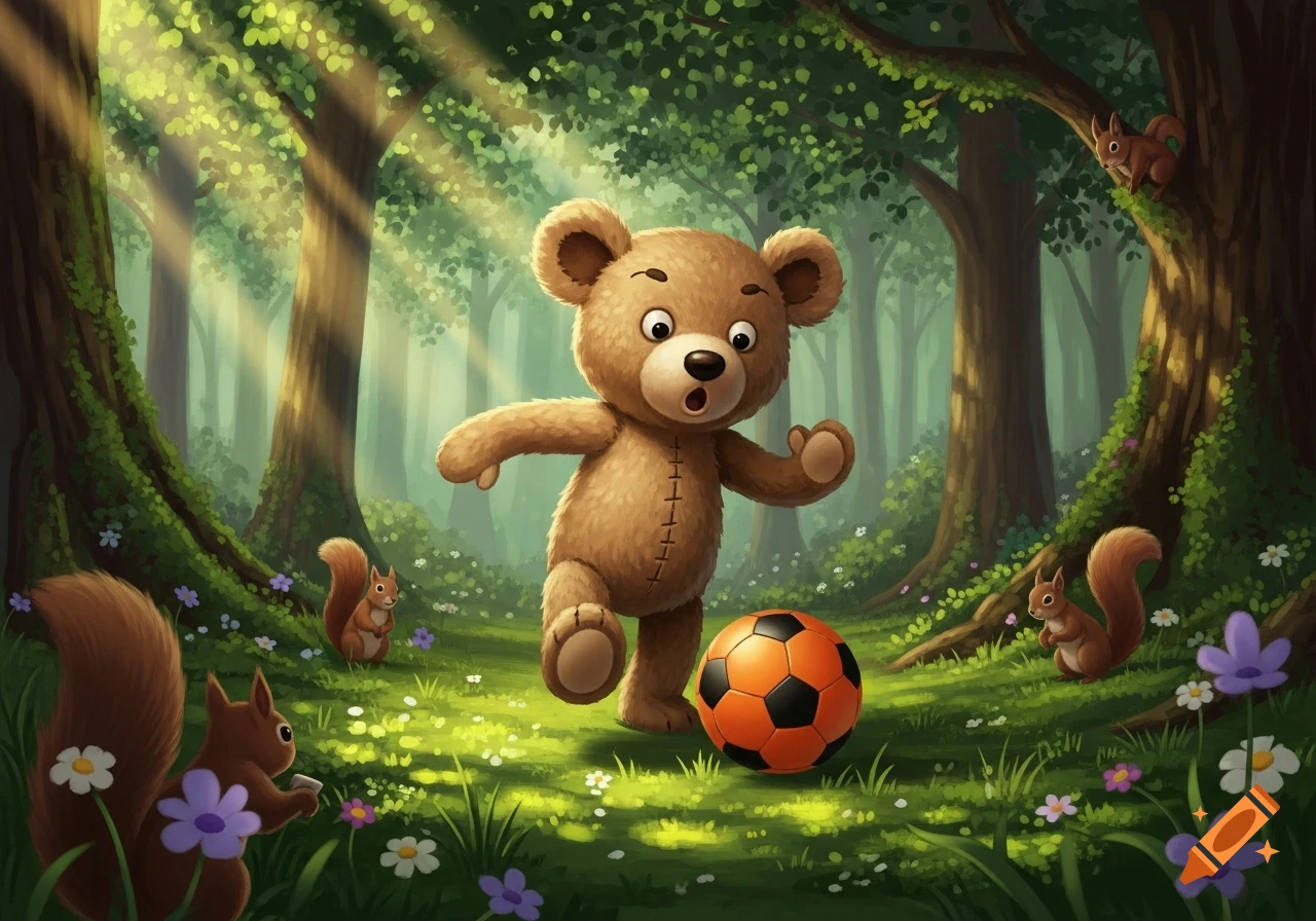 A cute cartoon teddy bear plays football in a sunny forest, surrounded by squirrels and wildflowers, in an illustrated style.