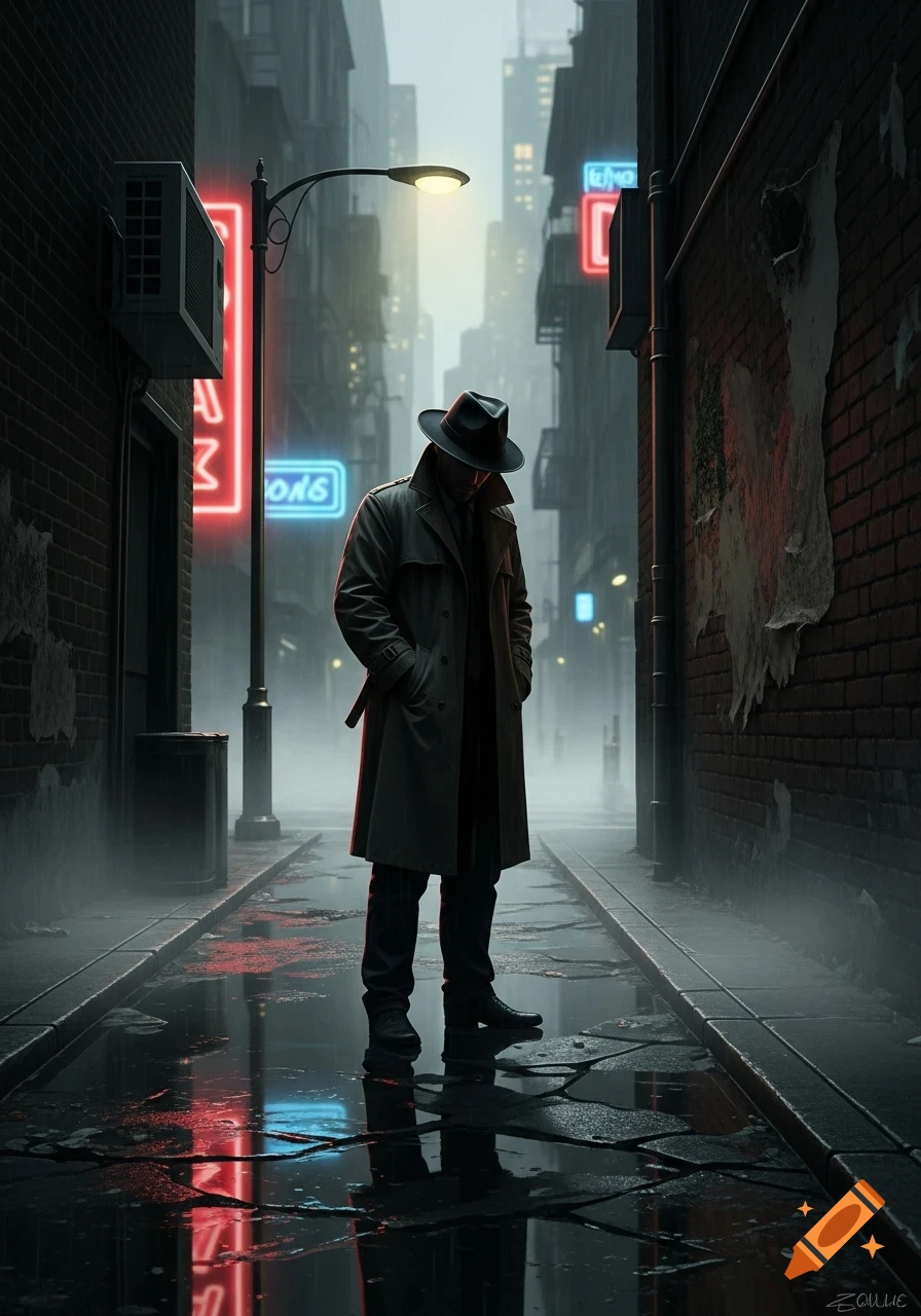 A mysterious man in a trench coat and fedora stands in a dark, rainy city alley, neon signs reflecting in puddles.