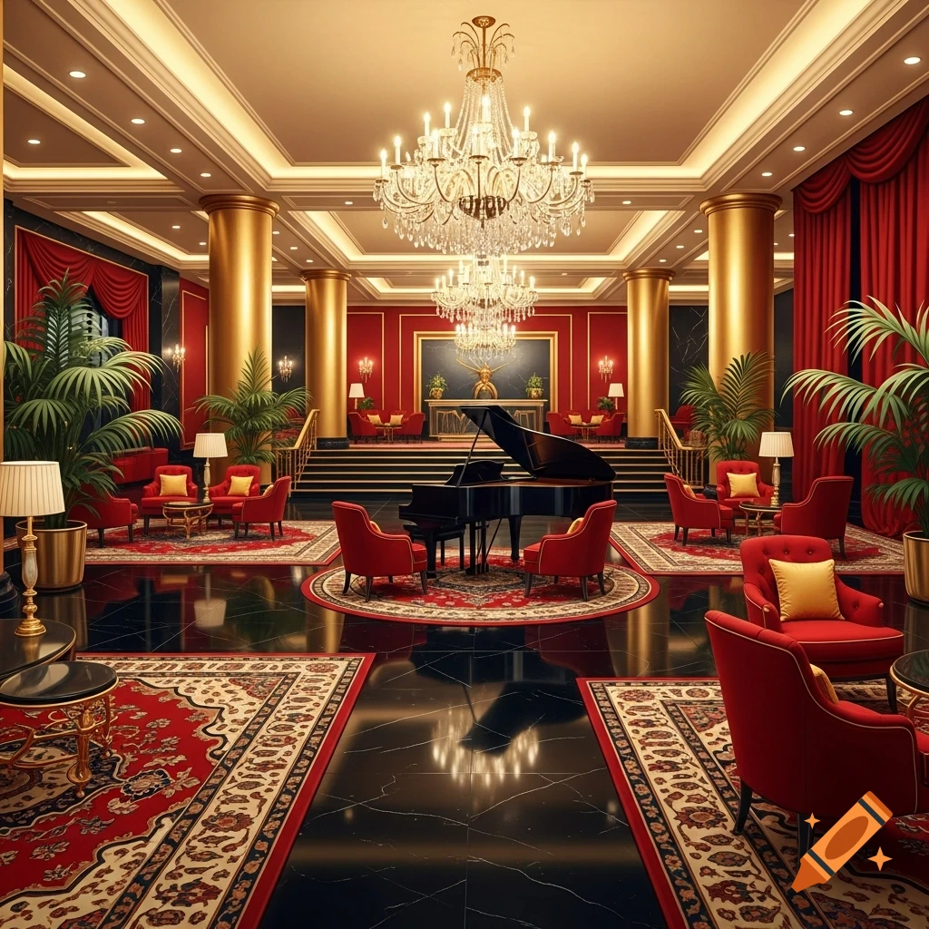 Opulent hotel lobby in red, black, and gold, featuring a grand piano, large chandeliers, plush seating, and polished marble floors.
