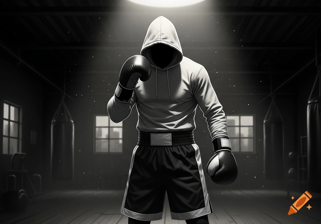 A person in a white hoodie and black boxing gloves stands in a dark boxing gym with dramatic lighting.