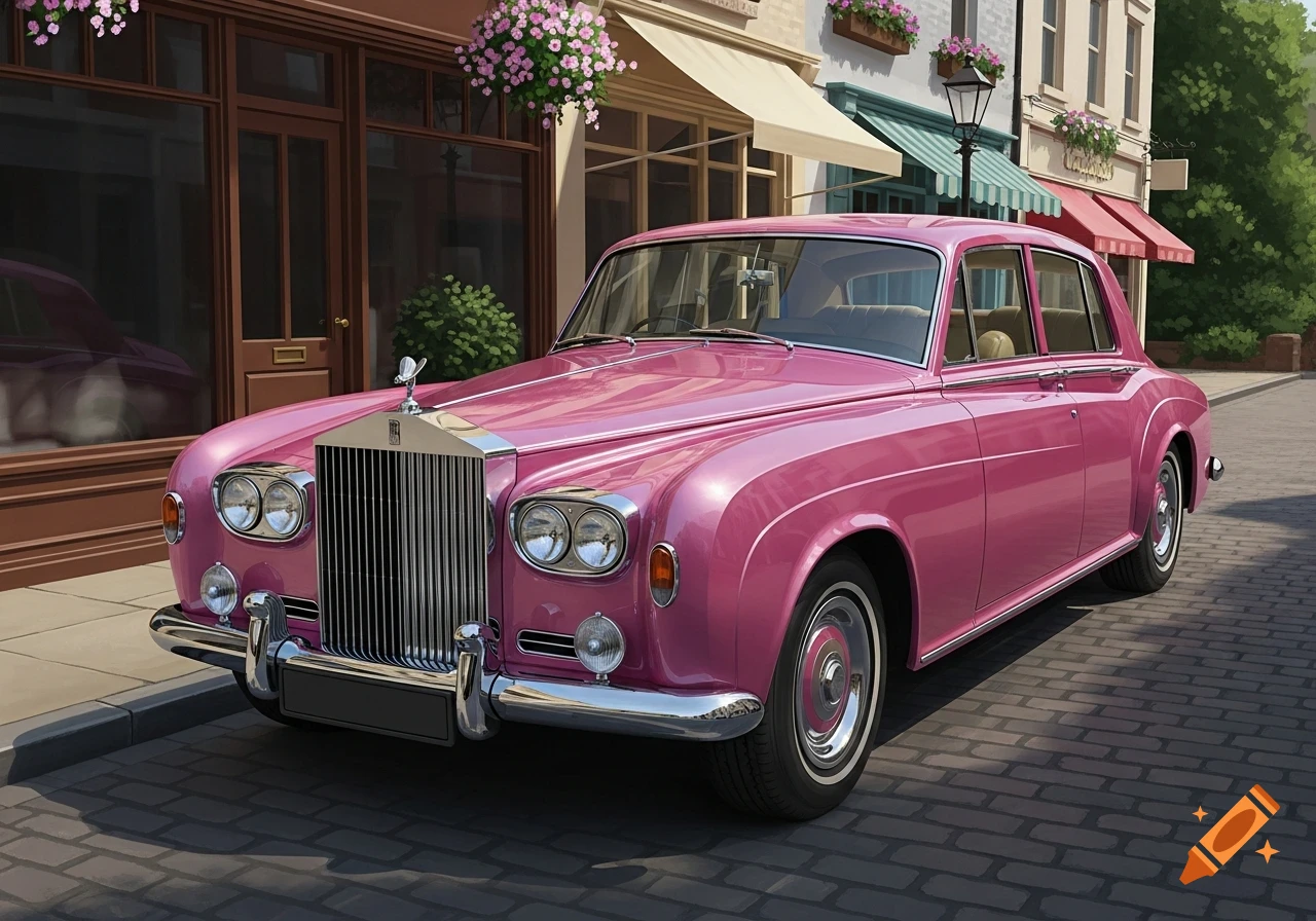 A bright pink 1966 Rolls-Royce Phantom 6 parked on a cobblestone street in front of quaint buildings with awnings and hanging flowers.