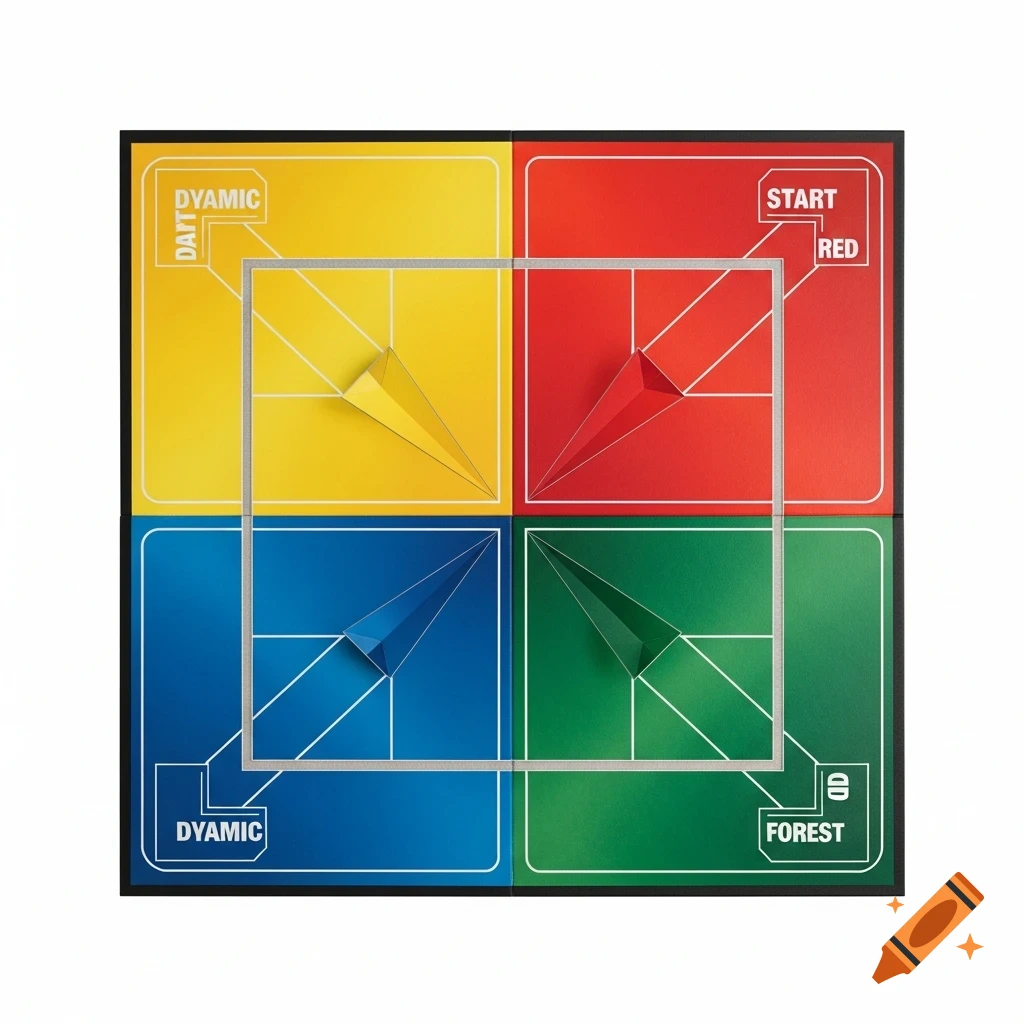 An overhead view of a colorful board game with four quadrants: yellow, red, blue, and green, each with a central folded paper piece and text.