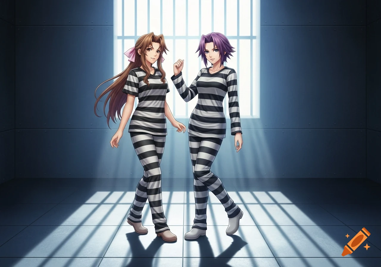 Two anime women in black and white striped prison uniforms stand in a prison cell with light streaming from a window.